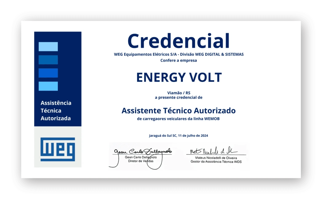 Credencial da WEG que confere à Energy Volt o título de Assistente Técnico Autorizado de carregadores veiculares da linha WEMOB