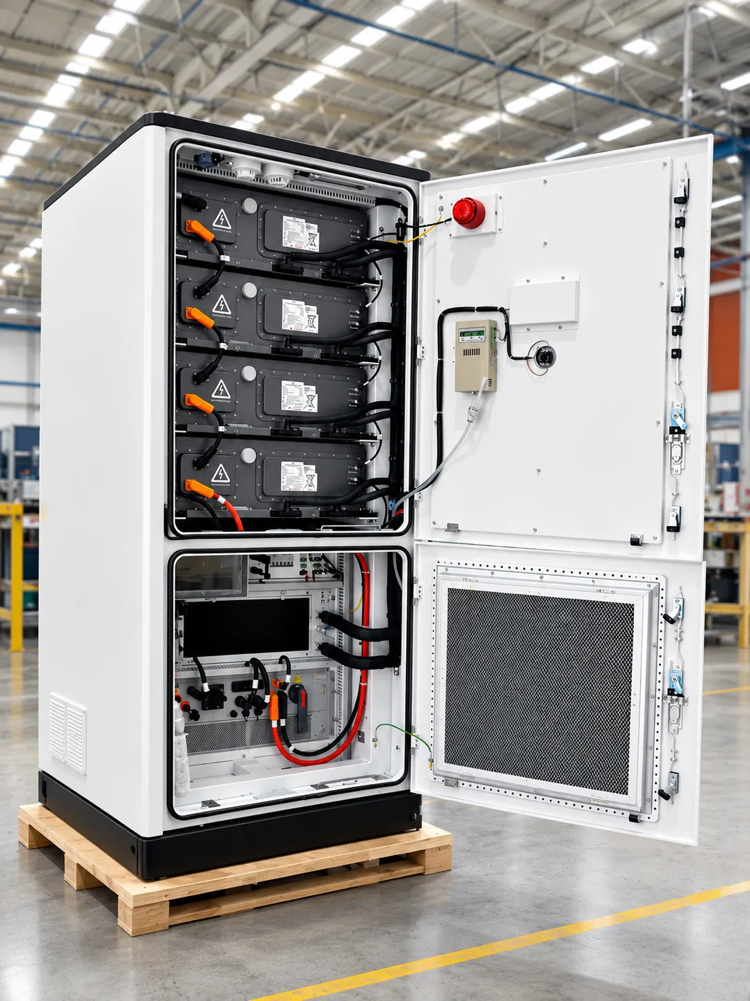 Armário de baterias de um sistema BESS aberto, com os módulos de bateria e o quadro elétrico à mostra