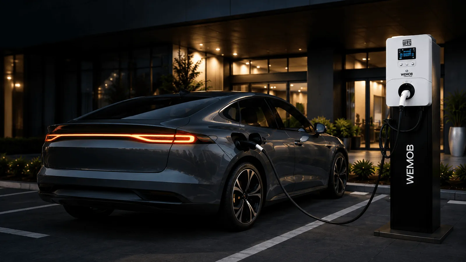 Carro elétrico conectado a um carregador WEG WEMOB em frente a um prédio
