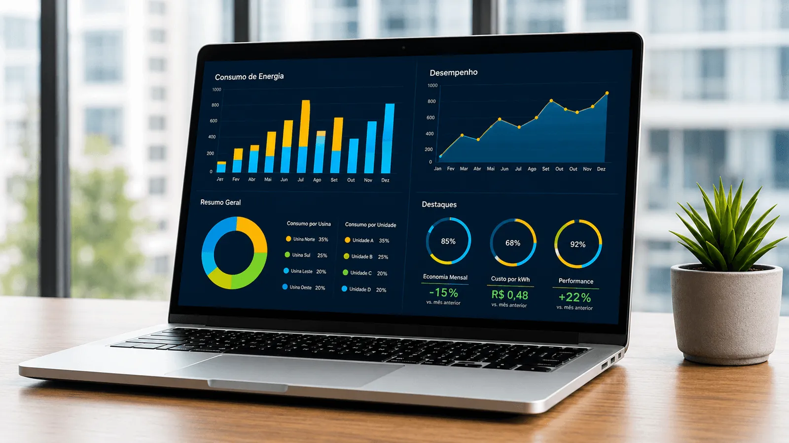 Notebook exibindo um painel de diagnóstico de consumo de energia